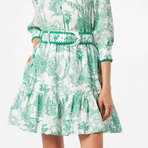 Ruffled short linen dress with belt .